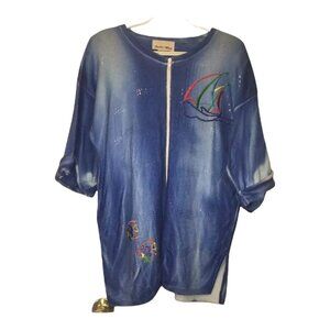 Pretty Things‎ Vintage Sequined Cardigan Sweater Blue Sailboat Front Zip Size S